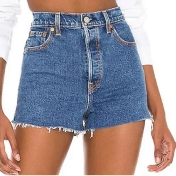 Levi’s Ribcage Shorts Blue Raw Hem Button Fly Cut Off Size 31 - Picture 1 of 8